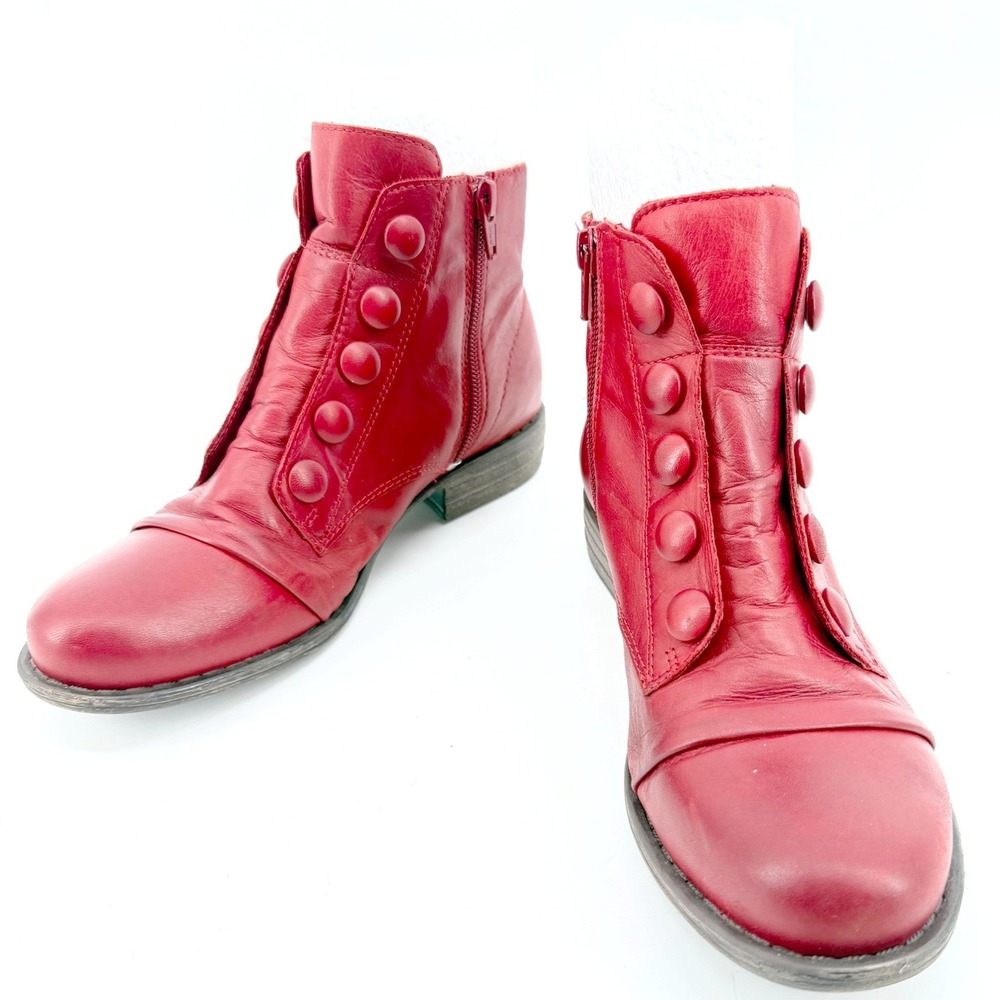 Spring Step L'Artriste Louise Button Ankle Boots 6.5 Red Leathr Side Zip Cap Toe - Picture 2 of 11